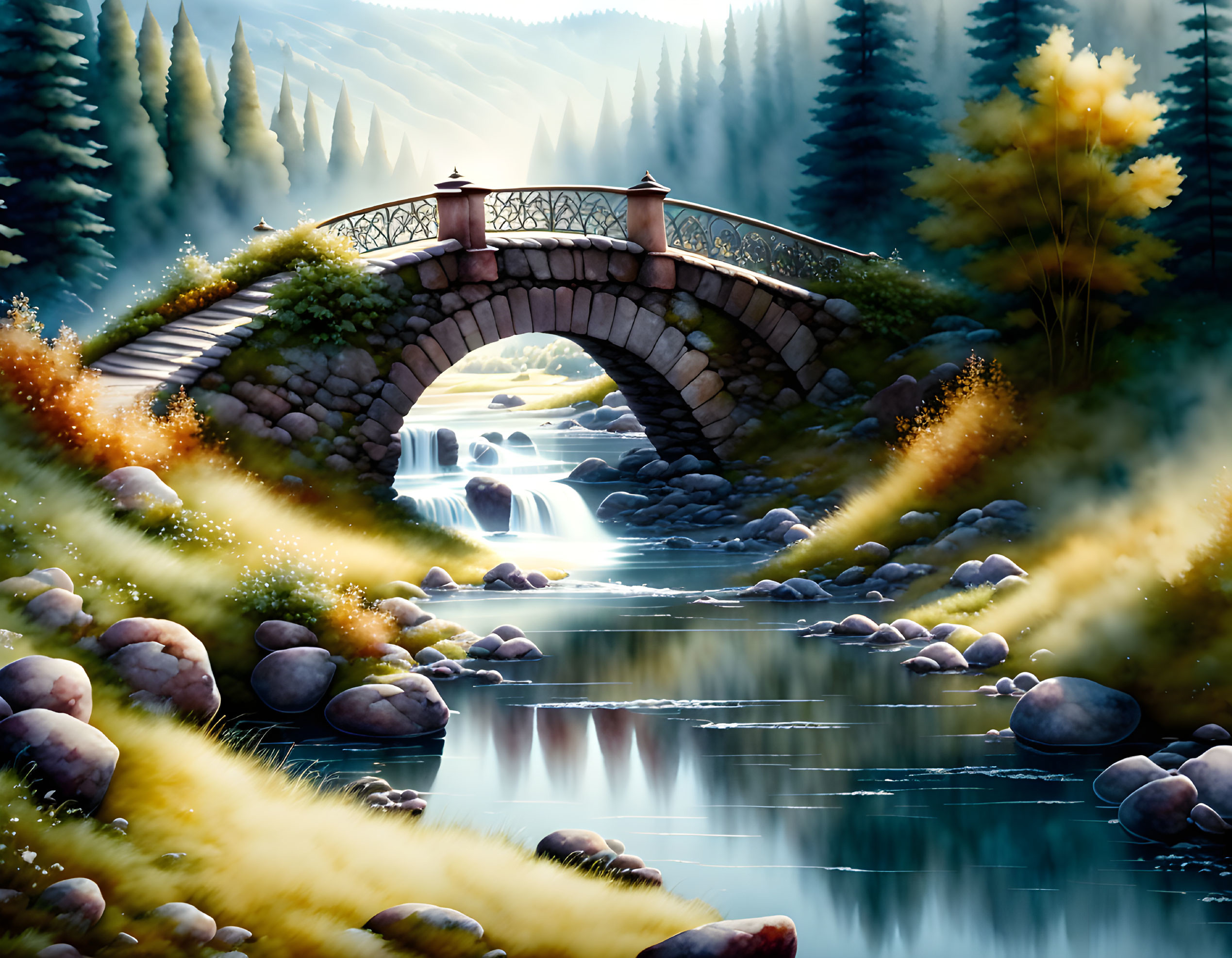 Stone arch bridge over stream with waterfalls in lush forest landscape