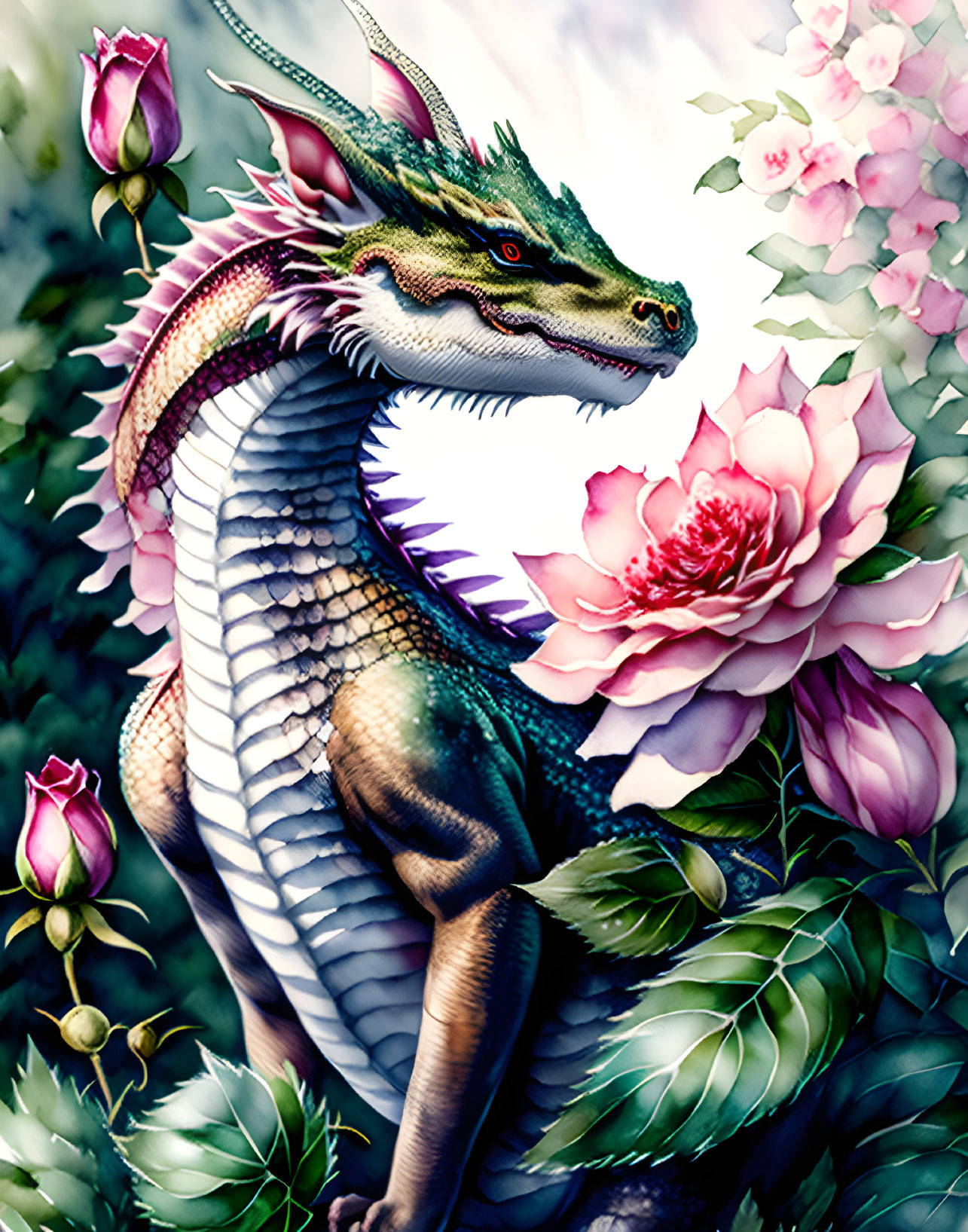 Colorful Dragon Among Blossoming Flowers in Green, Blue, and Pink Hues