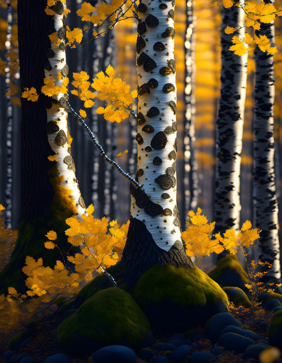 Golden Birch Trees in Autumn Forest Scene with Sunlight and Shadows