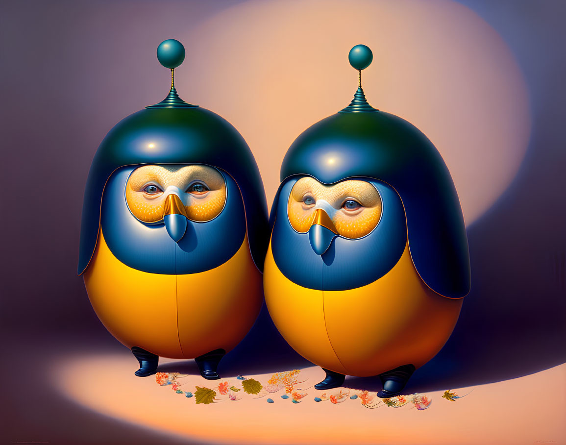 Whimsical egg-shaped characters with human-like faces on warm glowing surface