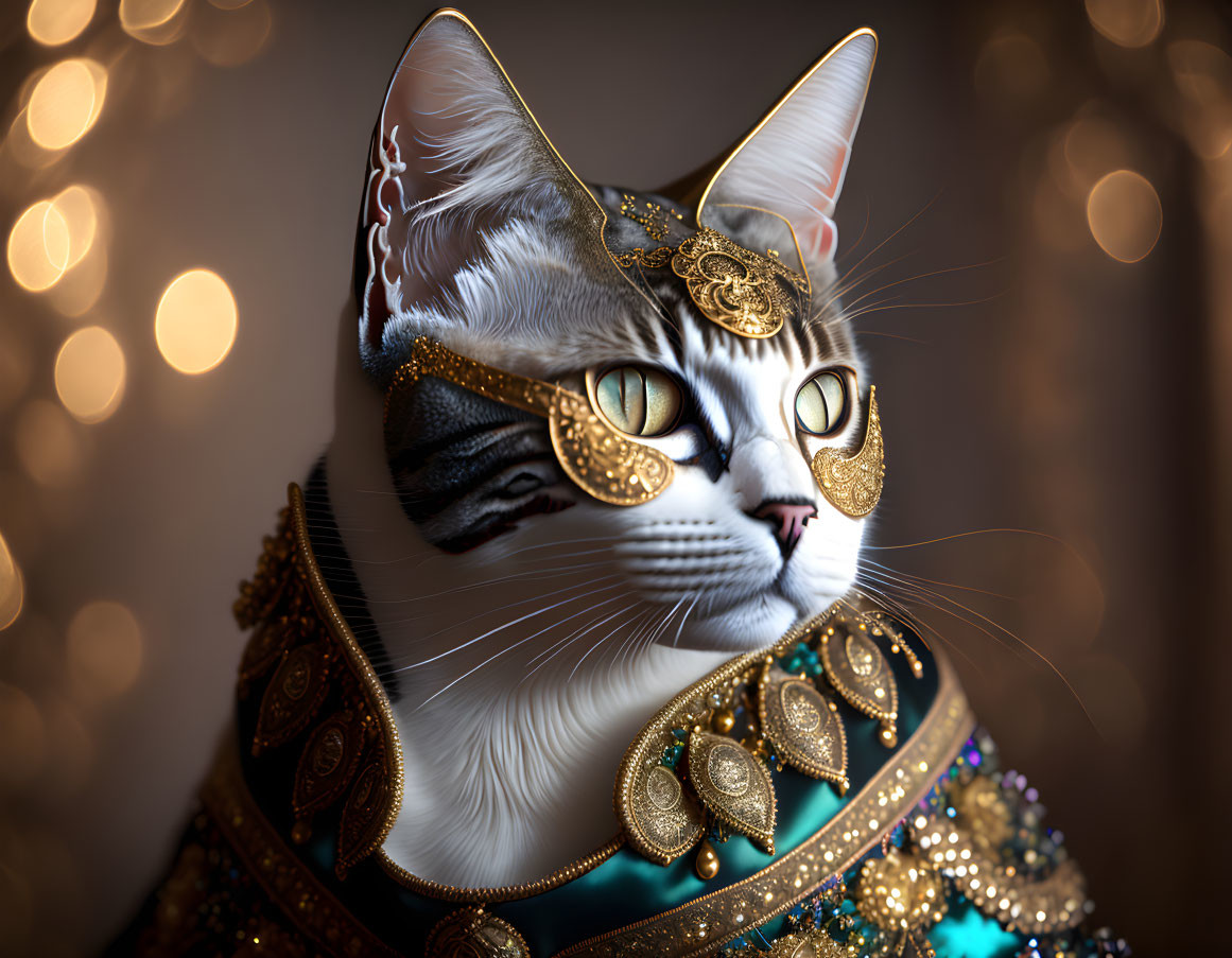 Regal cat in gold-patterned costume on bokeh background