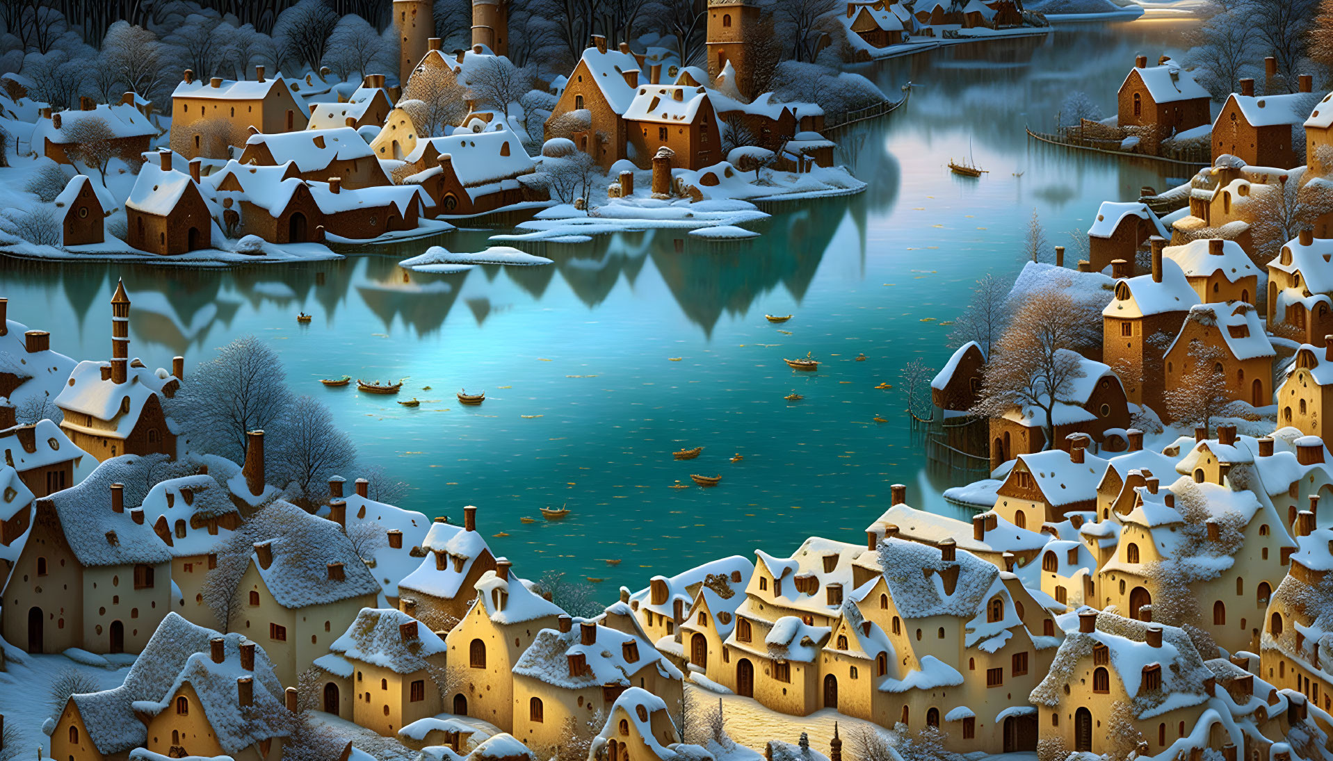 Snow-covered winter village by river with lit windows and twilight sky