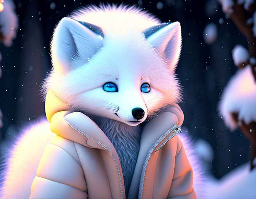 White Fox with Blue Eyes in Cozy Jacket Snow Scene