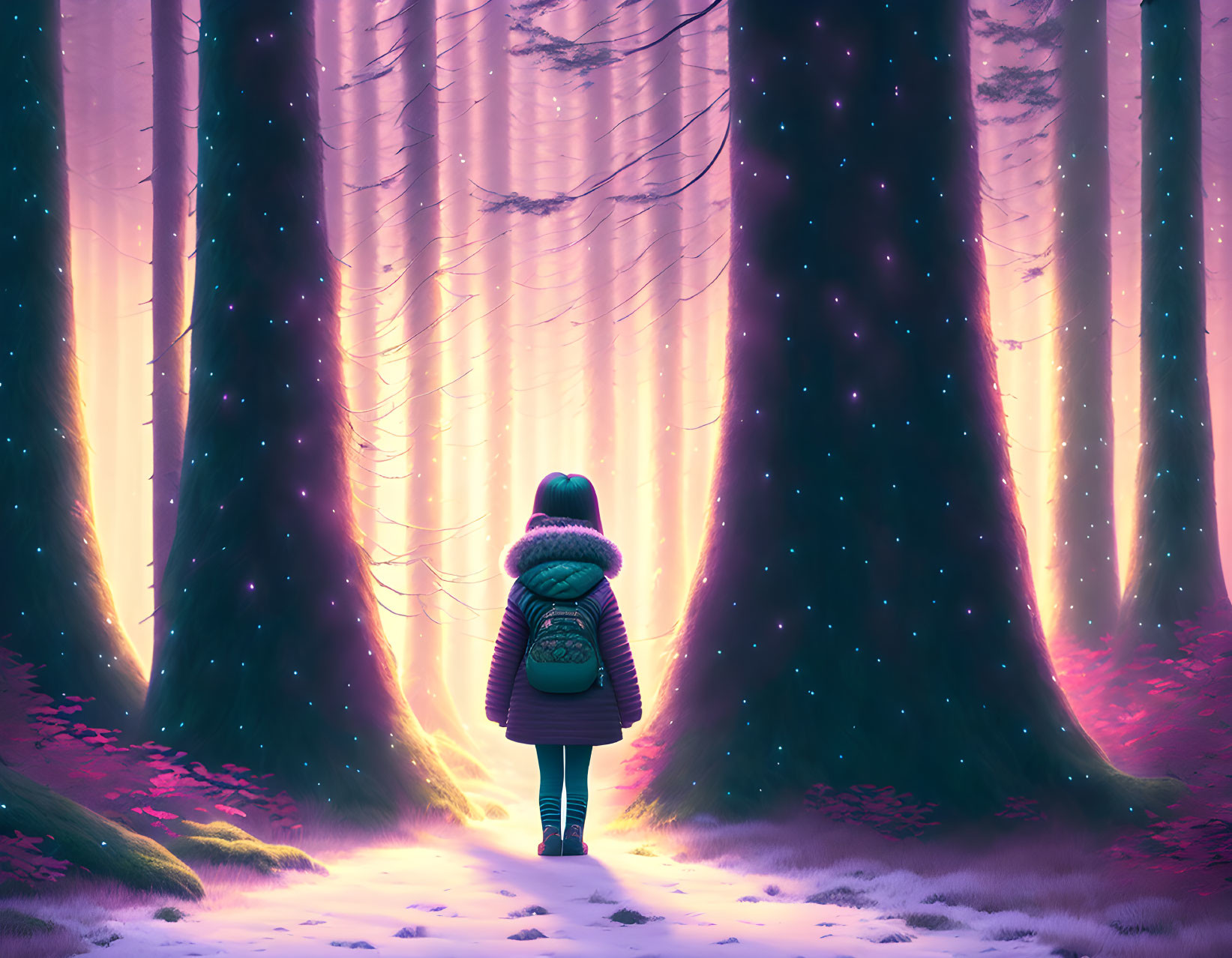 Person in mystical forest with pink and purple light and towering trees