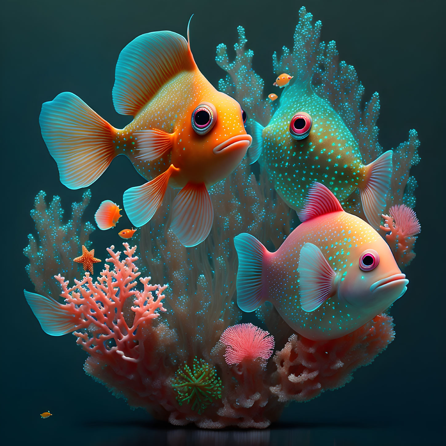 Colorful Cartoon Fish and Coral on Dark Background