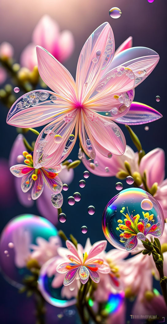 Colorful digital artwork: Transparent pink butterfly, flowers, dewdrops, and tiny floral universes.