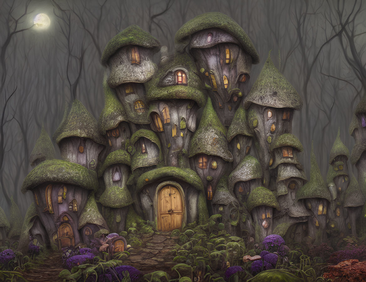 Fantasy Forest Scene: Whimsical Mushroom Houses in Twilight and Fog