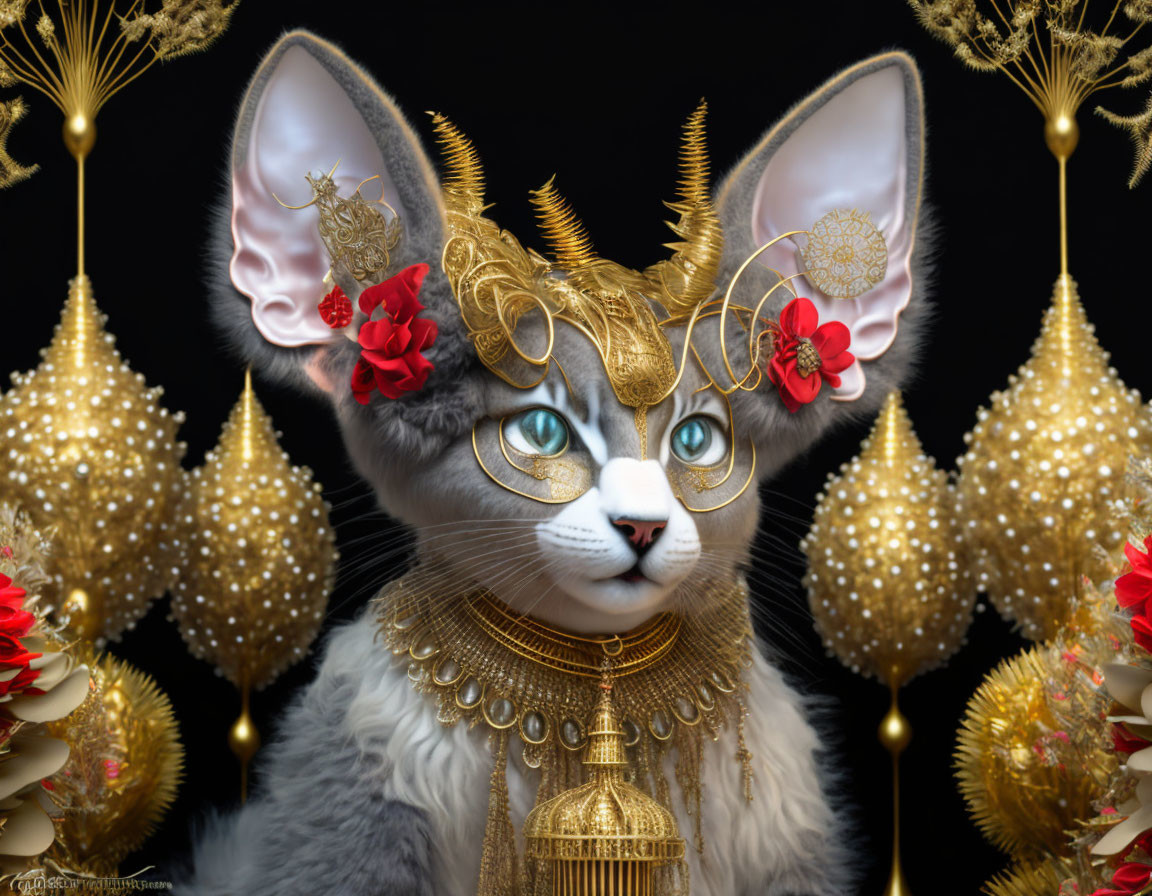 Fantasy cat with golden jewelry, crown, and red flowers in digital art