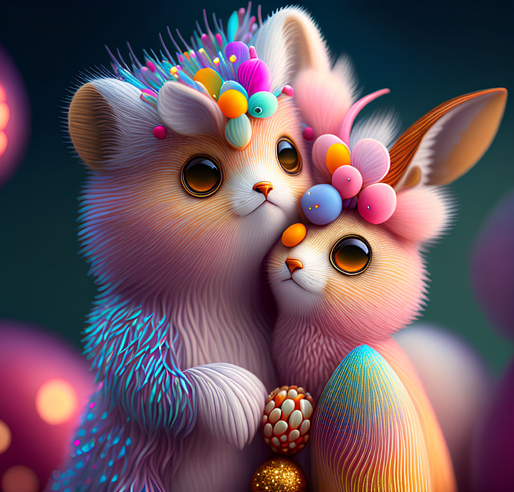 Colorful digital art: Cat and rabbit creatures with whimsical ornaments.