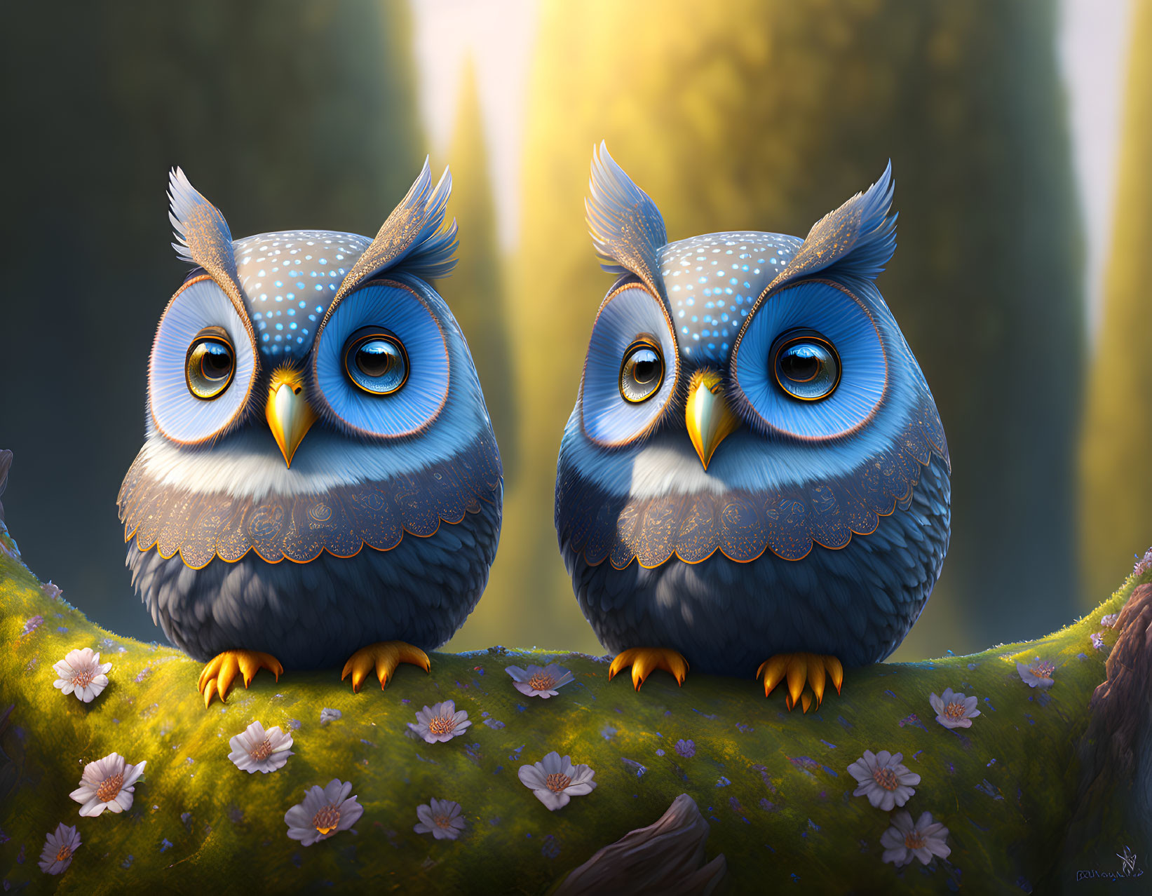 Stylized cartoon owls on branch with blue feathers in forest scenery