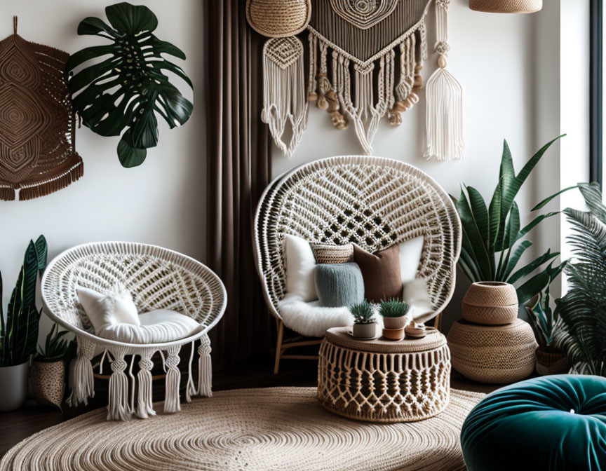 Bohemian-style interior with peacock chair, macramé decor, plants, and earthy