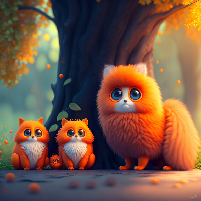 Three fluffy orange creatures with large eyes under a tree among fallen leaves