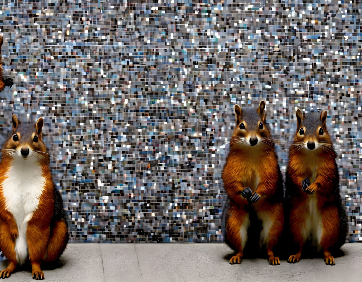 Three upright squirrels on concrete with blurred mosaic backdrop