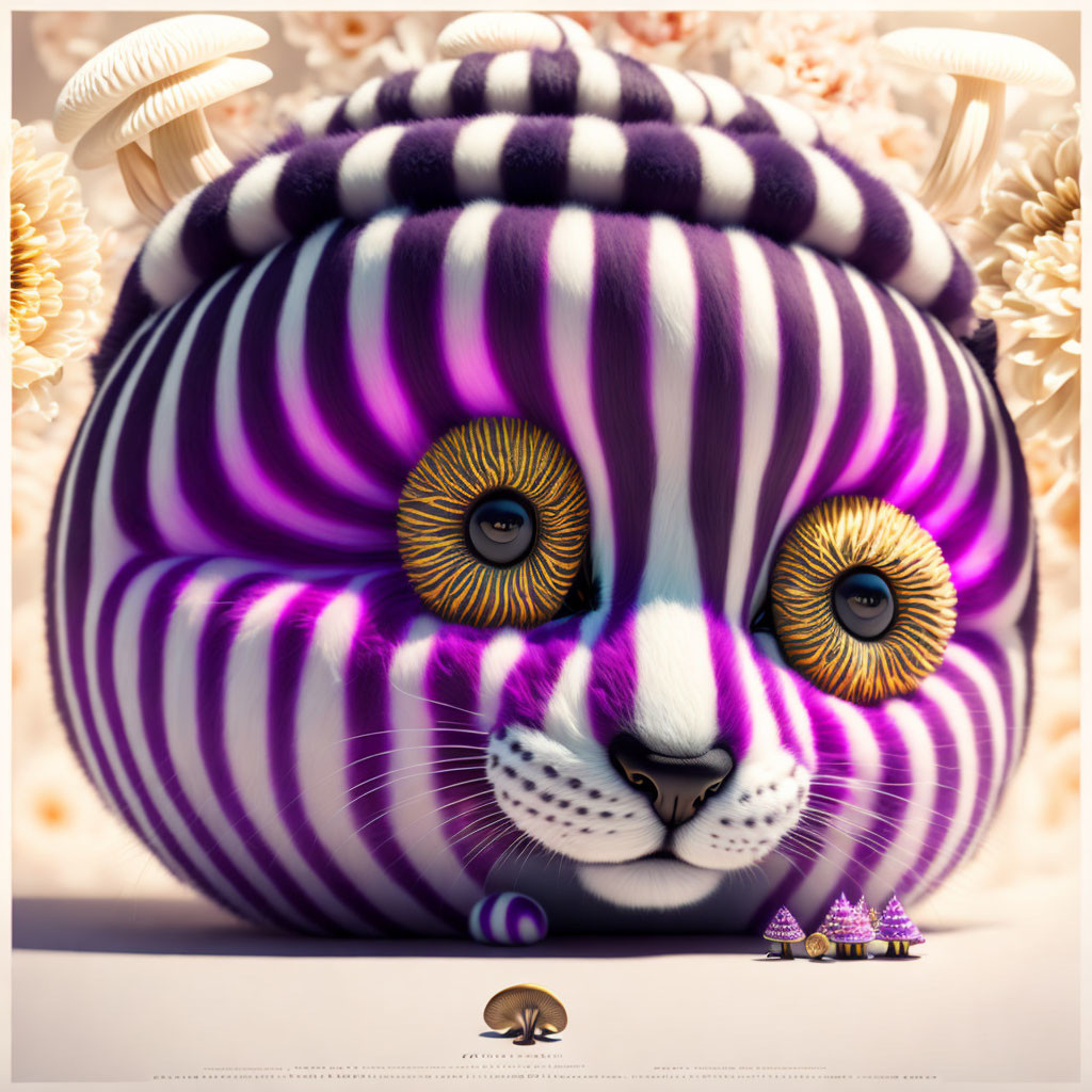 Illustration of zebra-striped spherical cat with golden eyes and whimsical mushrooms.