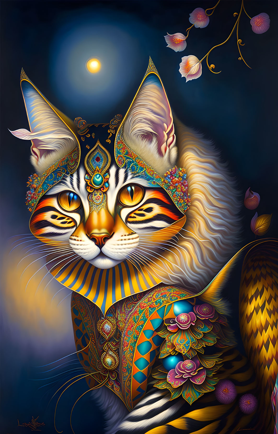 Colorful Cat Illustration with Intricate Patterns and Moonlit Background