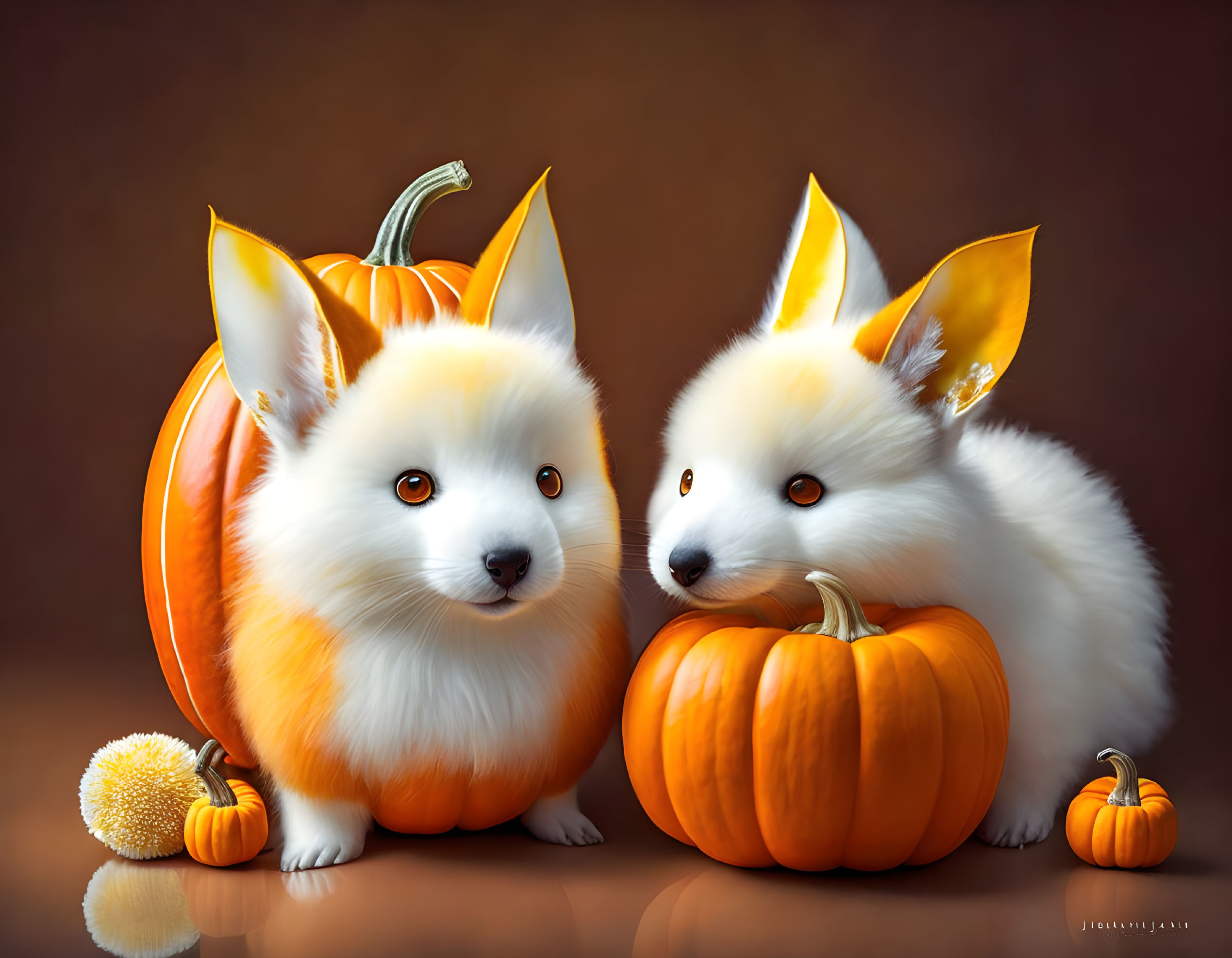 White Foxes with Pumpkins and Autumn Leaves on Background