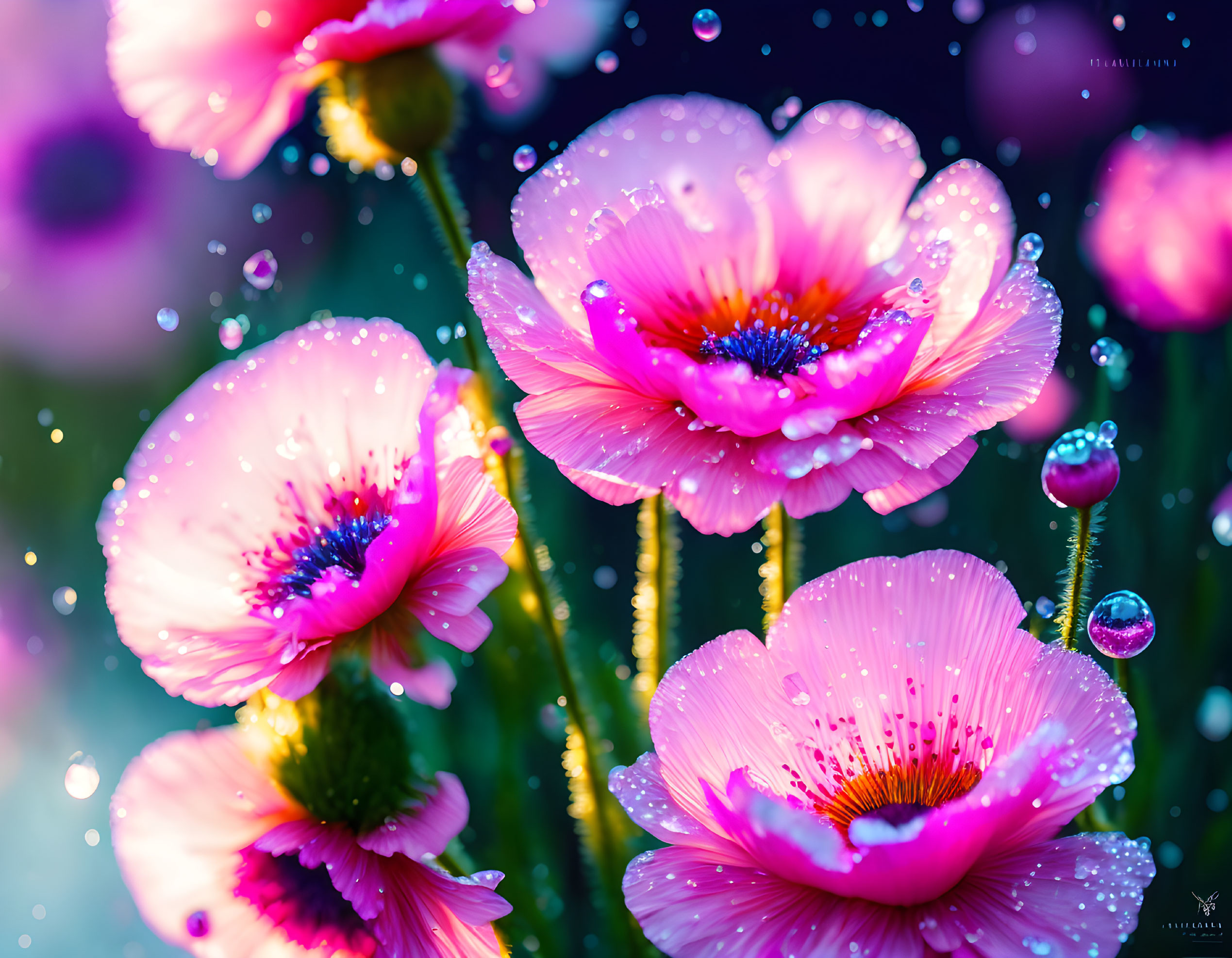 Pink Flowers with Dewdrops on Petals in Bokeh Background