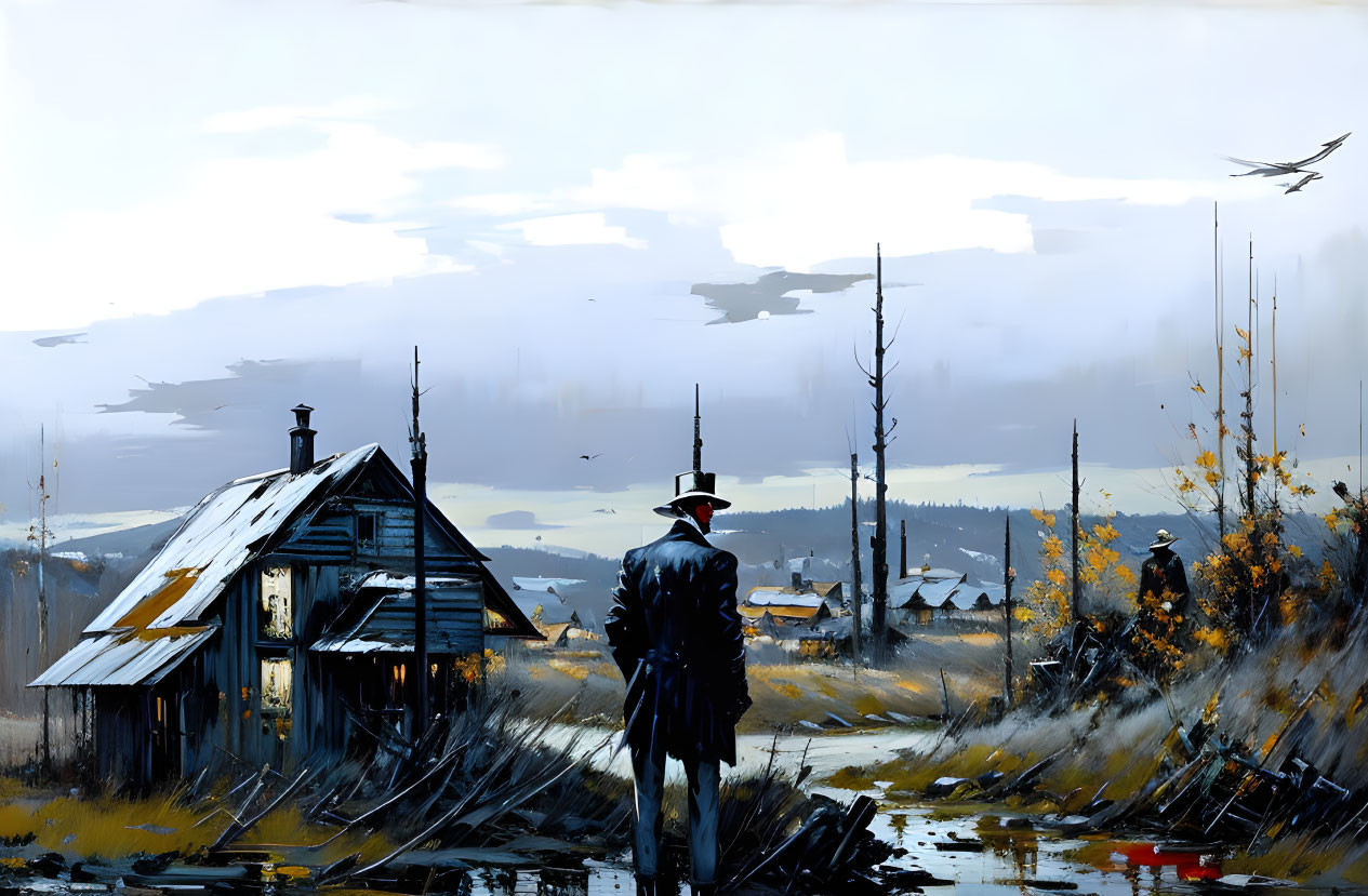 Person in Coat and Hat Standing by Cabin and Mountains in Bleak Landscape