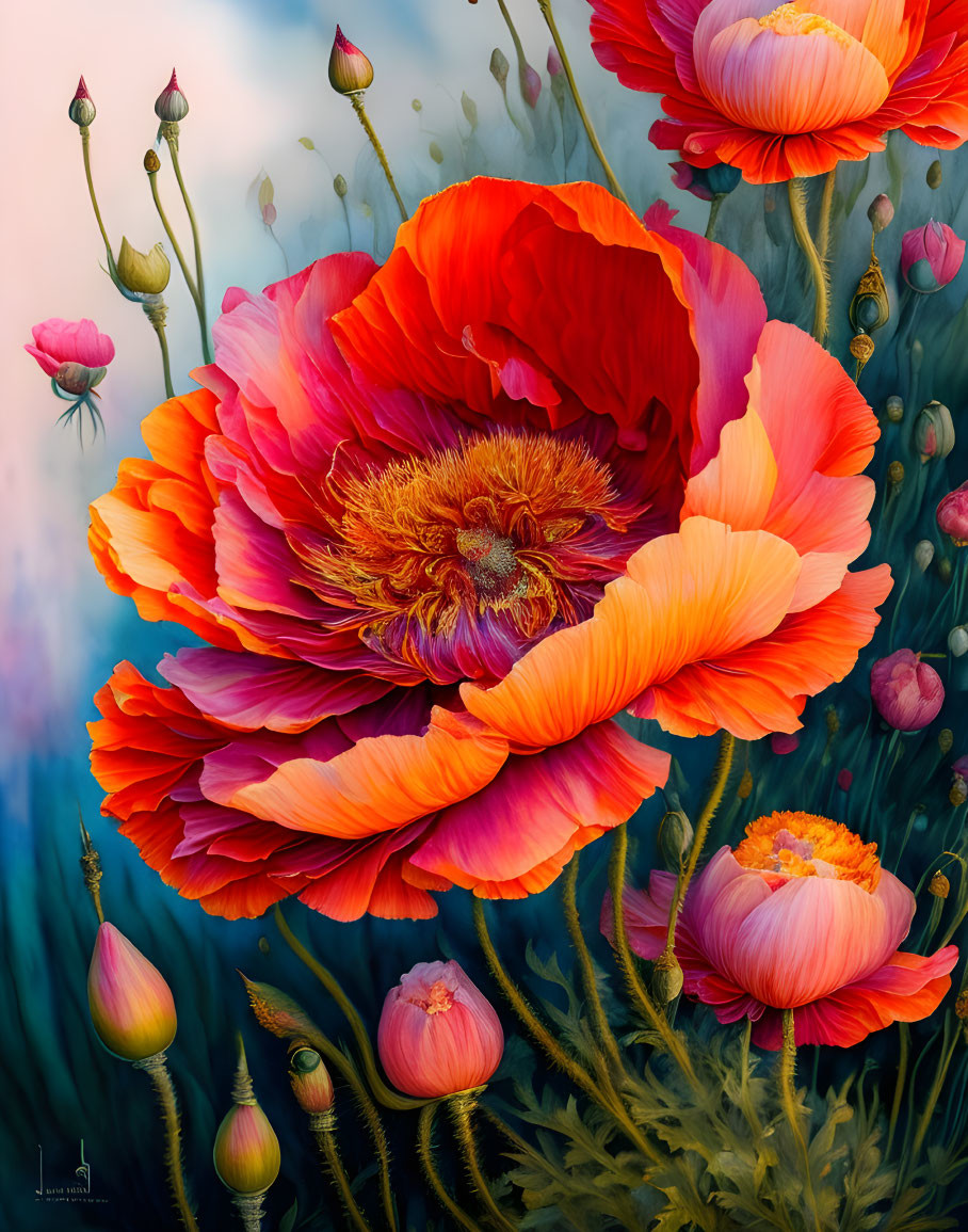 Detailed Illustration of Large Red-Orange Poppy in Full Bloom