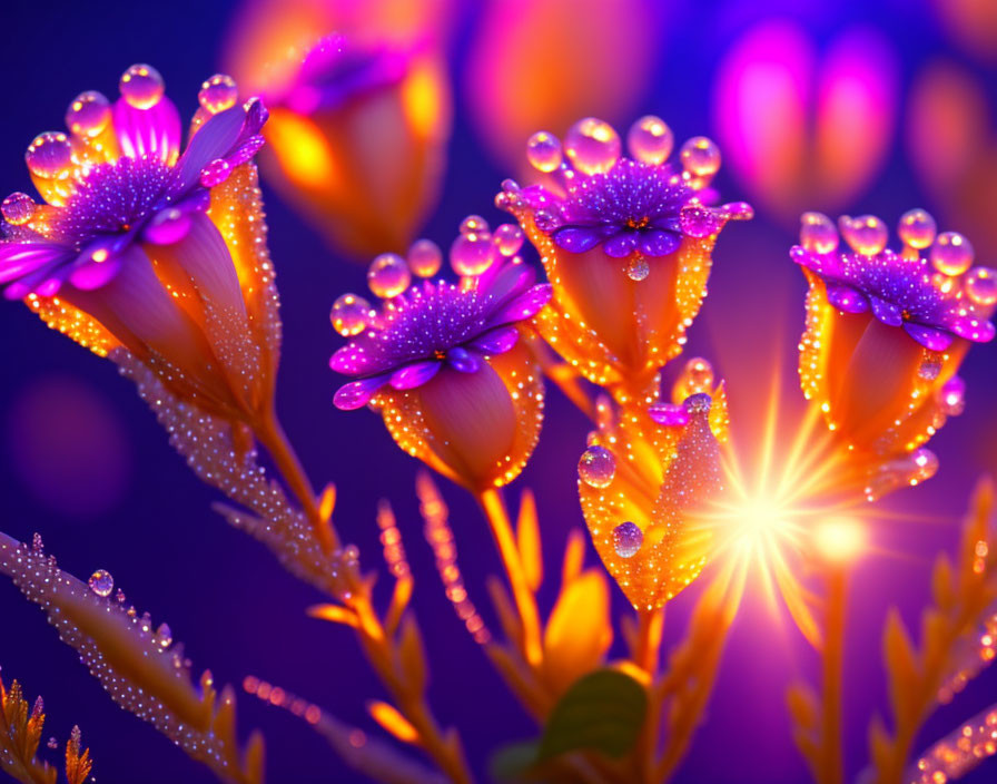 Vibrant purple and orange flowers with dewdrops in warm light