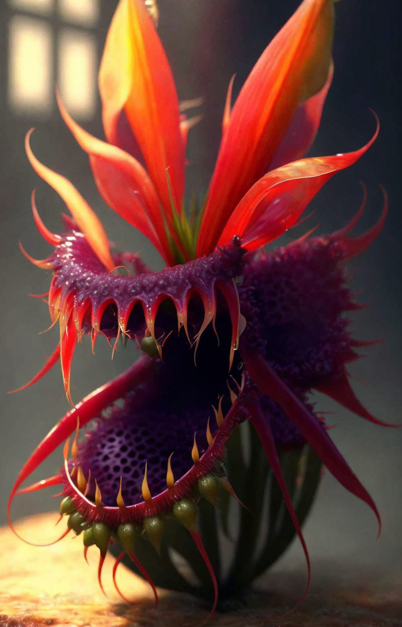 Exotic purple plant with orange and red petals in atmospheric setting