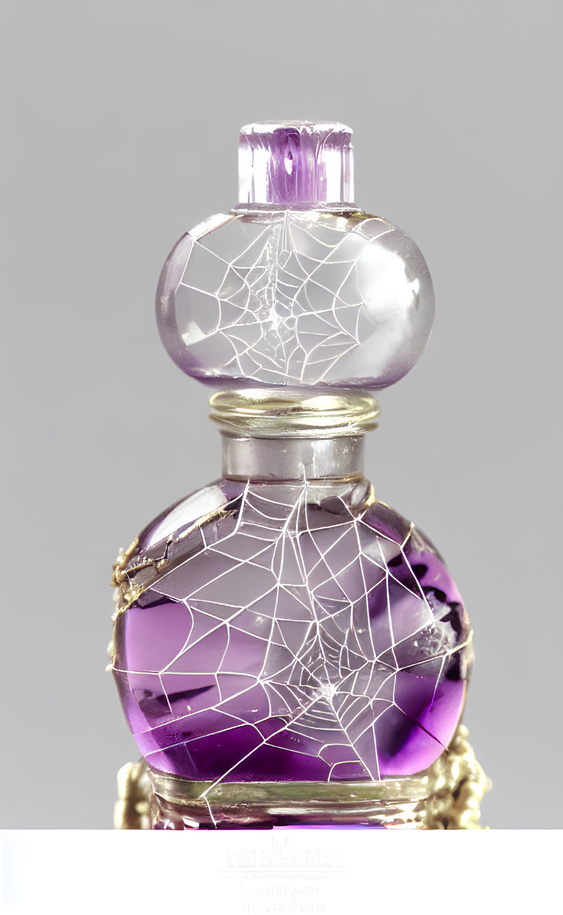 Cracked glass perfume bottle with purple liquid and silver filigree on neutral background