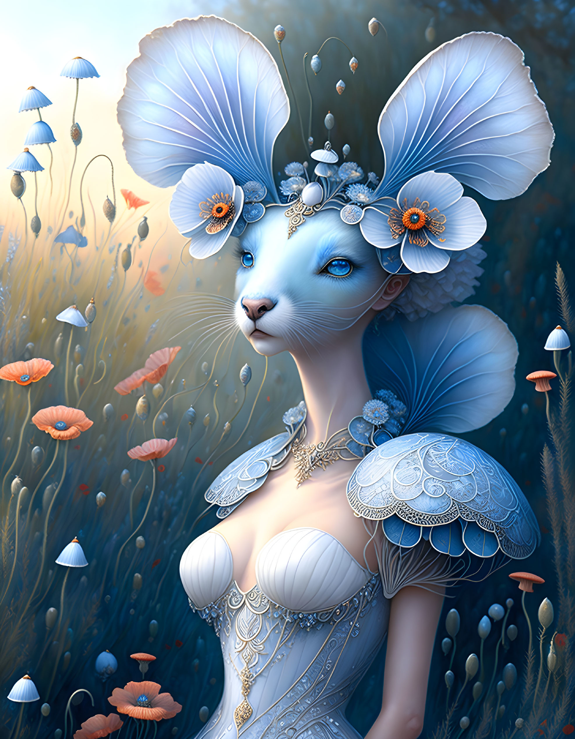 Blue feline creature with floral ears in silver adornments against undersea backdrop