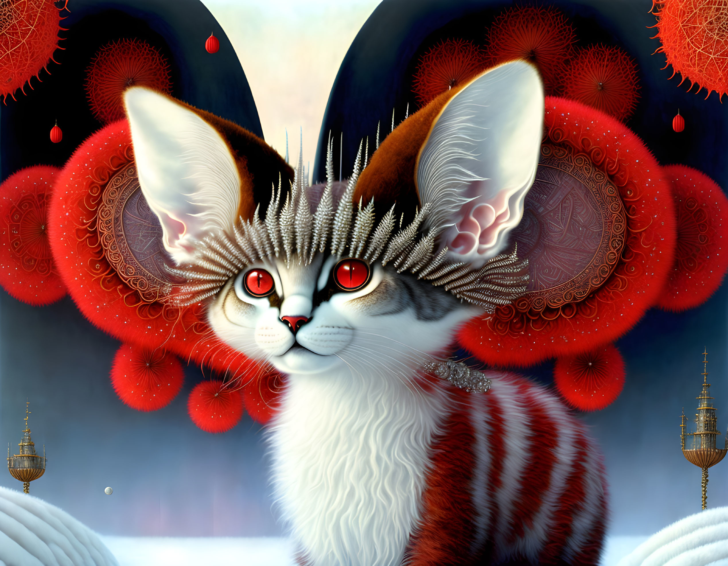 Fantasy illustration of large-eared, red-eyed cat in whimsical setting