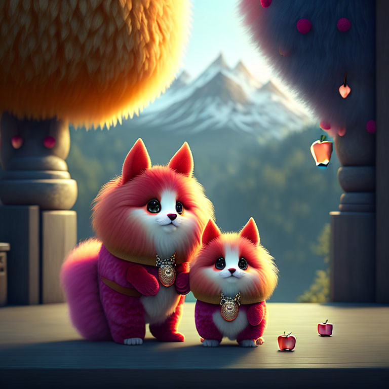 Fluffy red animated cat-like creatures on wooden platform with heart-shaped leaves