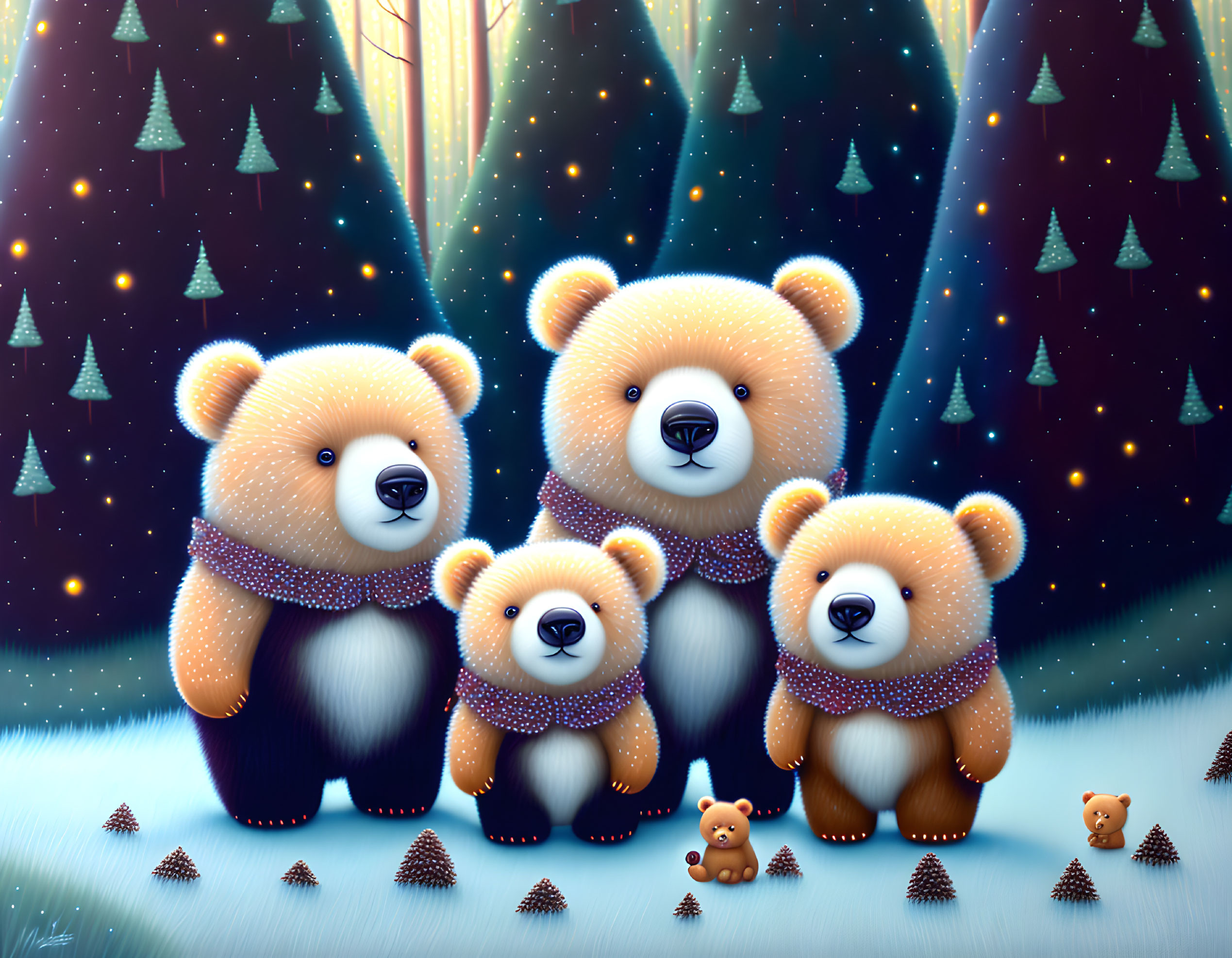 Whimsical Bears with Sparkly Scarves in Snowy Forest