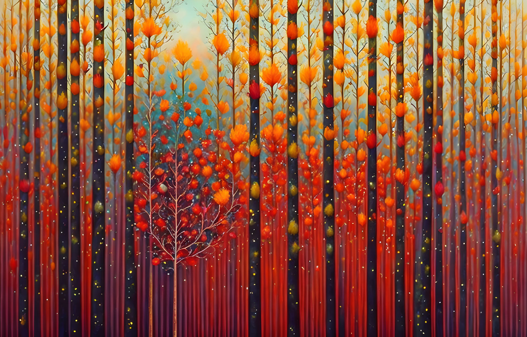 Whimsical forest painting with tall trees and colorful leaves