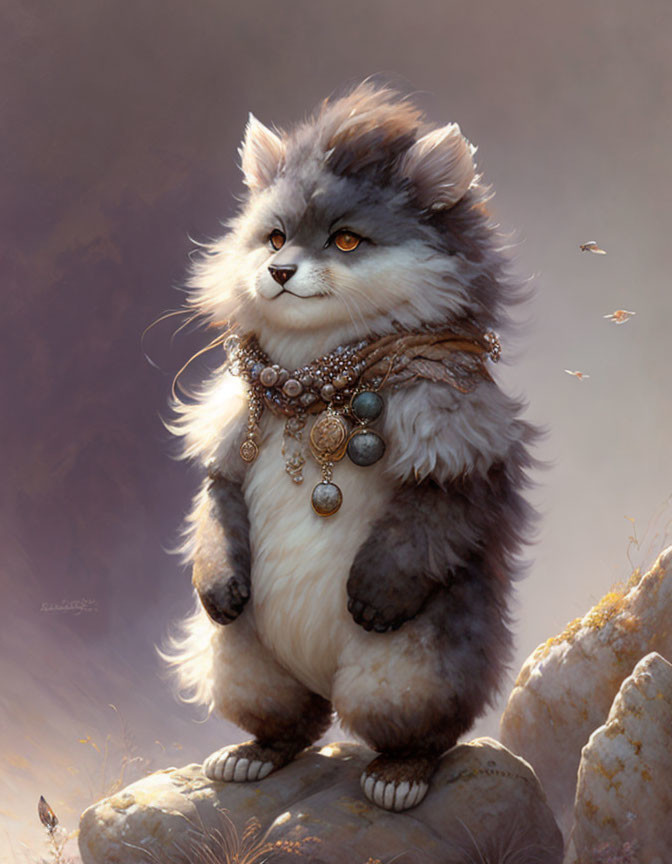 Fluffy gray cat with necklaces in natural setting with butterflies