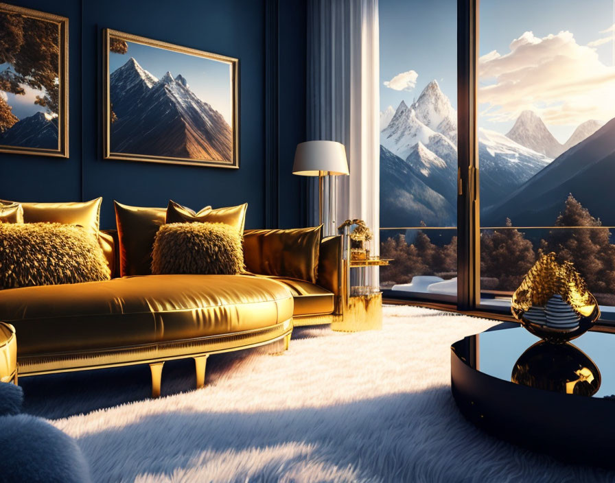 Elegant Room with Golden Couch, White Rug & Mountain View