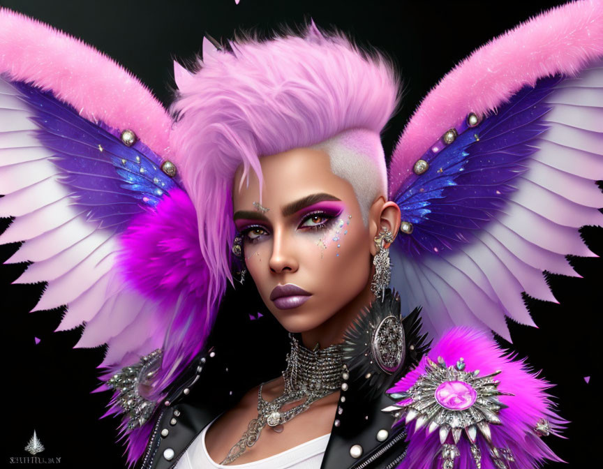 Portrait of Person with Pink and Purple Feathered Wings and Colorful Makeup