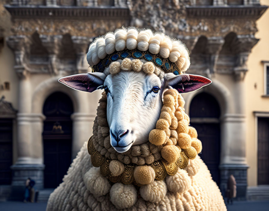 Regal sheep with jeweled headdress and golden wool balls by historic building