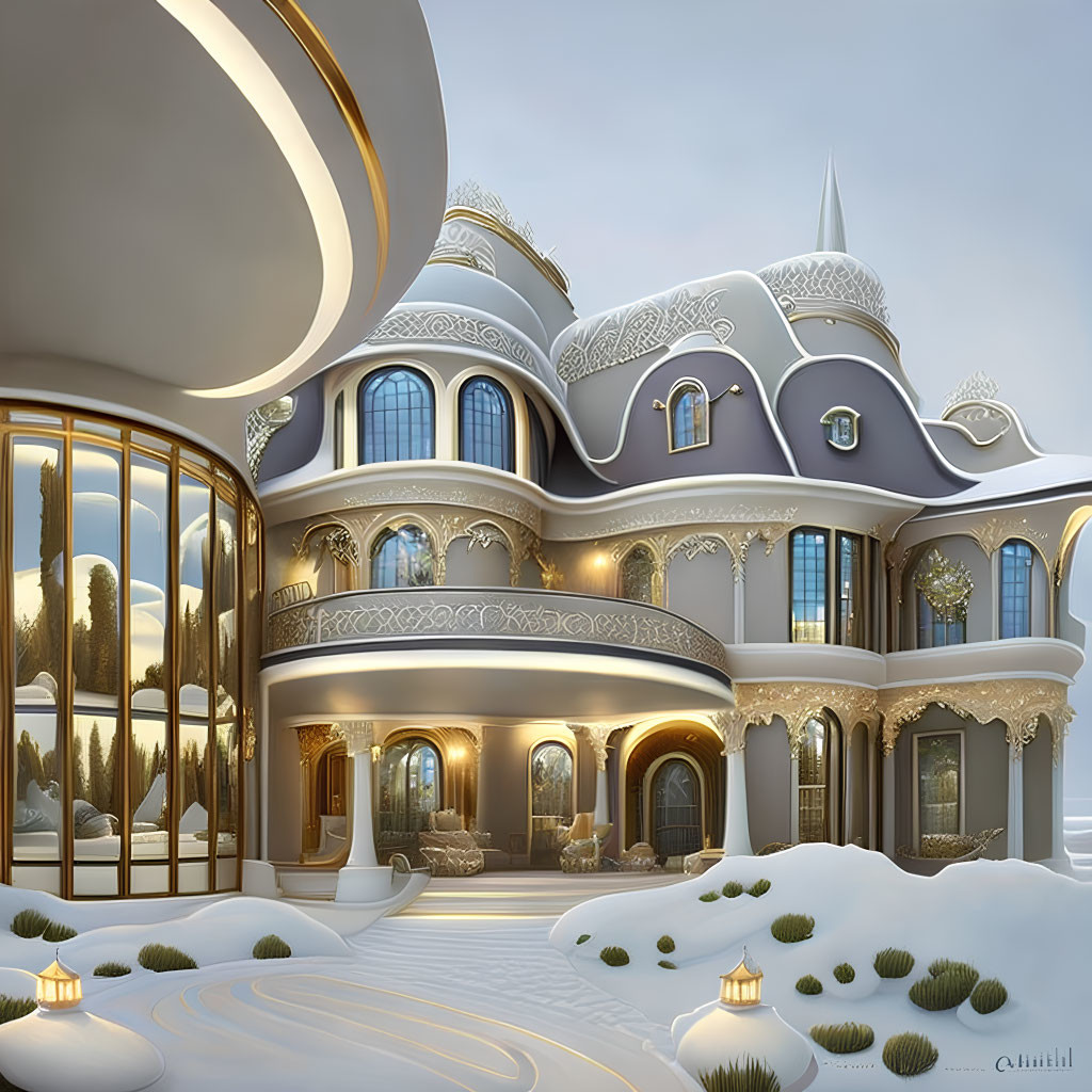 Ornate multi-story building with modern glass extension in snowy twilight landscape