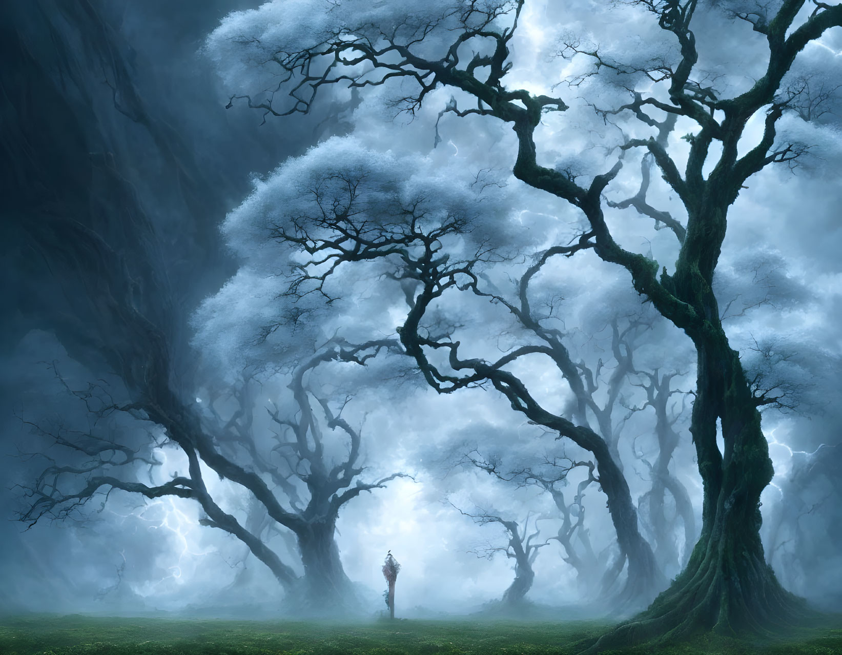 Ethereal forest scene with lone figure and lightning glimpses