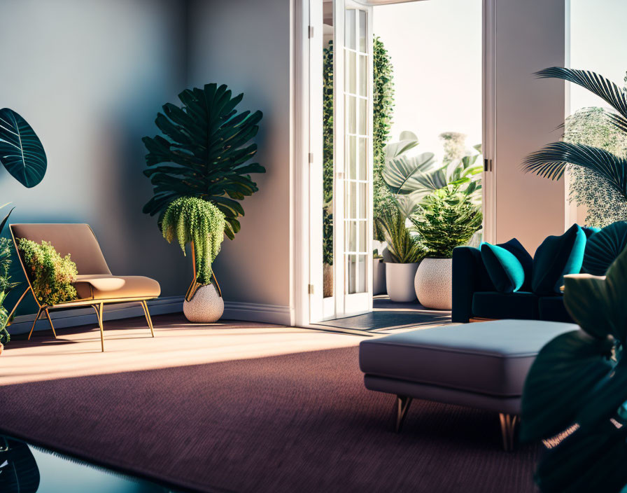 Sunlit Modern Living Room with Sleek Furniture and Green Plants