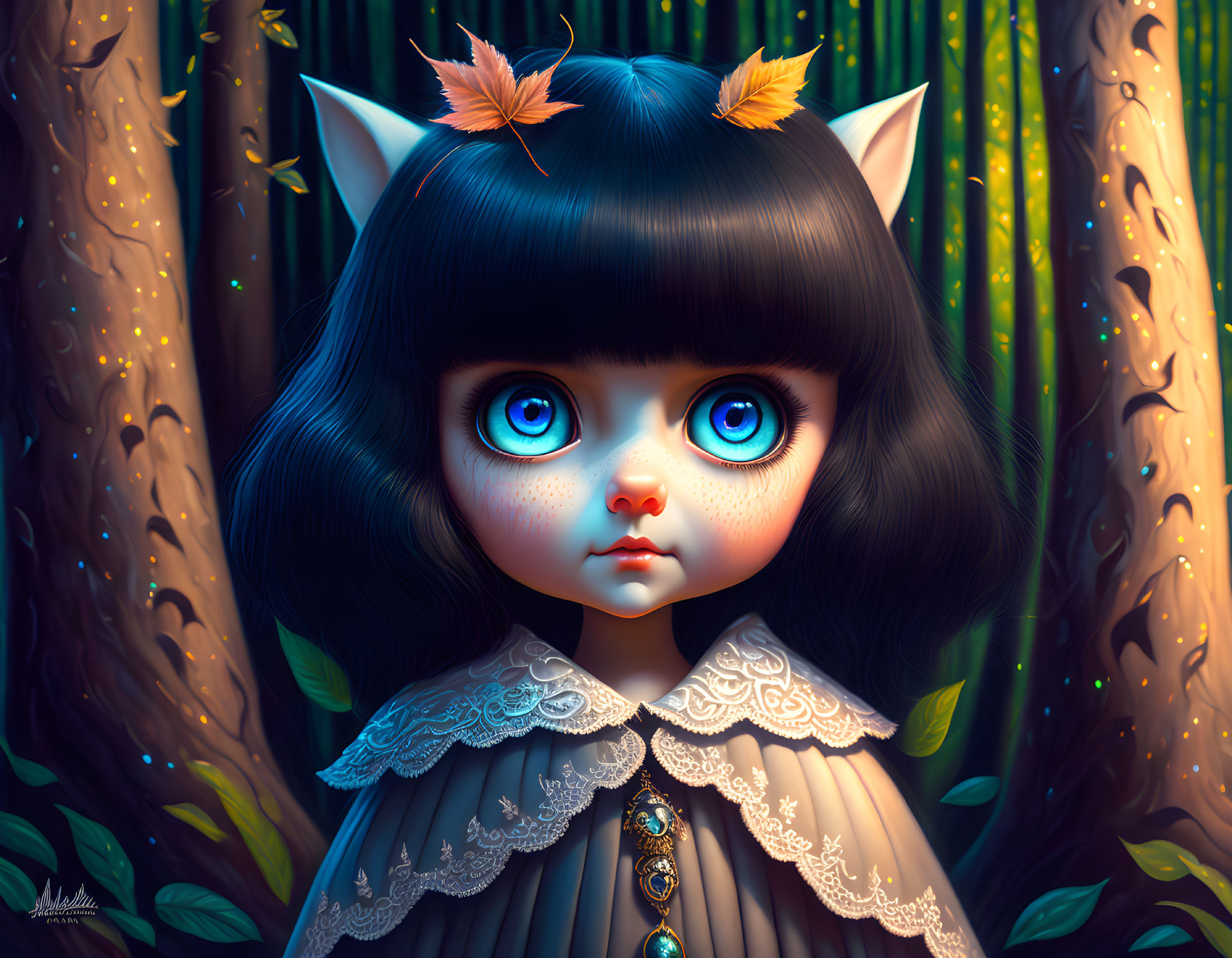 Wide-eyed girl with cat ears in mystical forest with autumn leaves