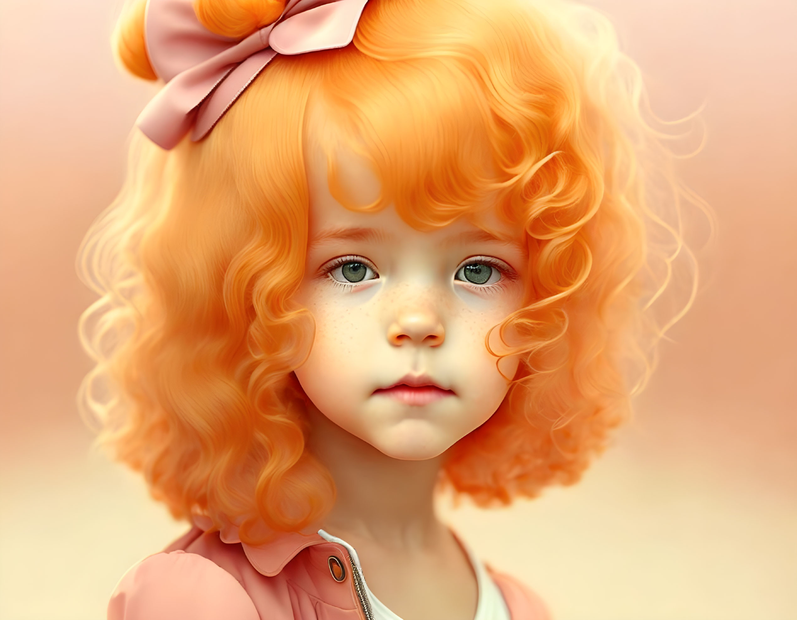 Young girl with orange curly hair and blue eyes in peach jacket.