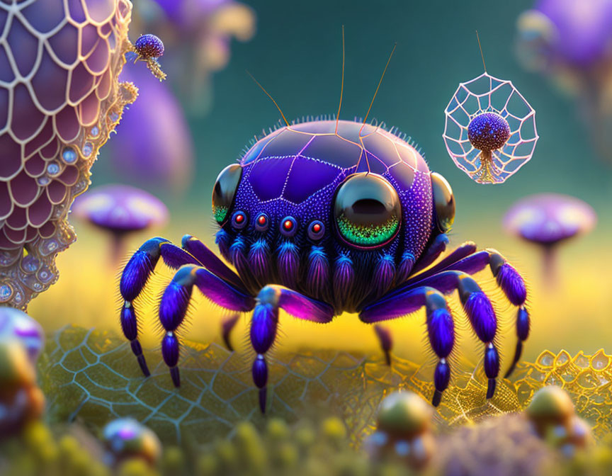 Colorful Spider Artwork with Blue and Purple Hues on Abstract Background