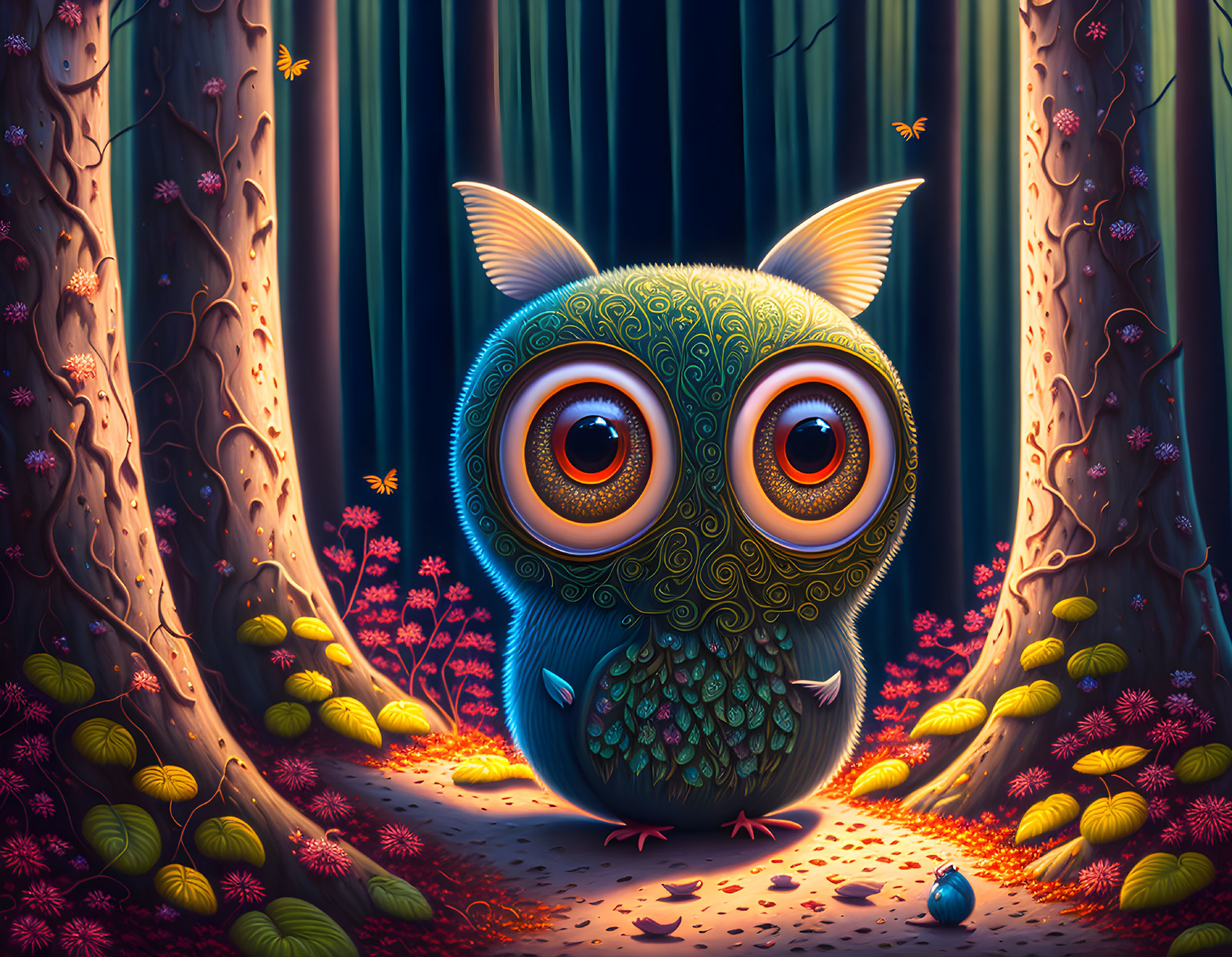 Colorful Owl Illustration in Whimsical Forest Landscape