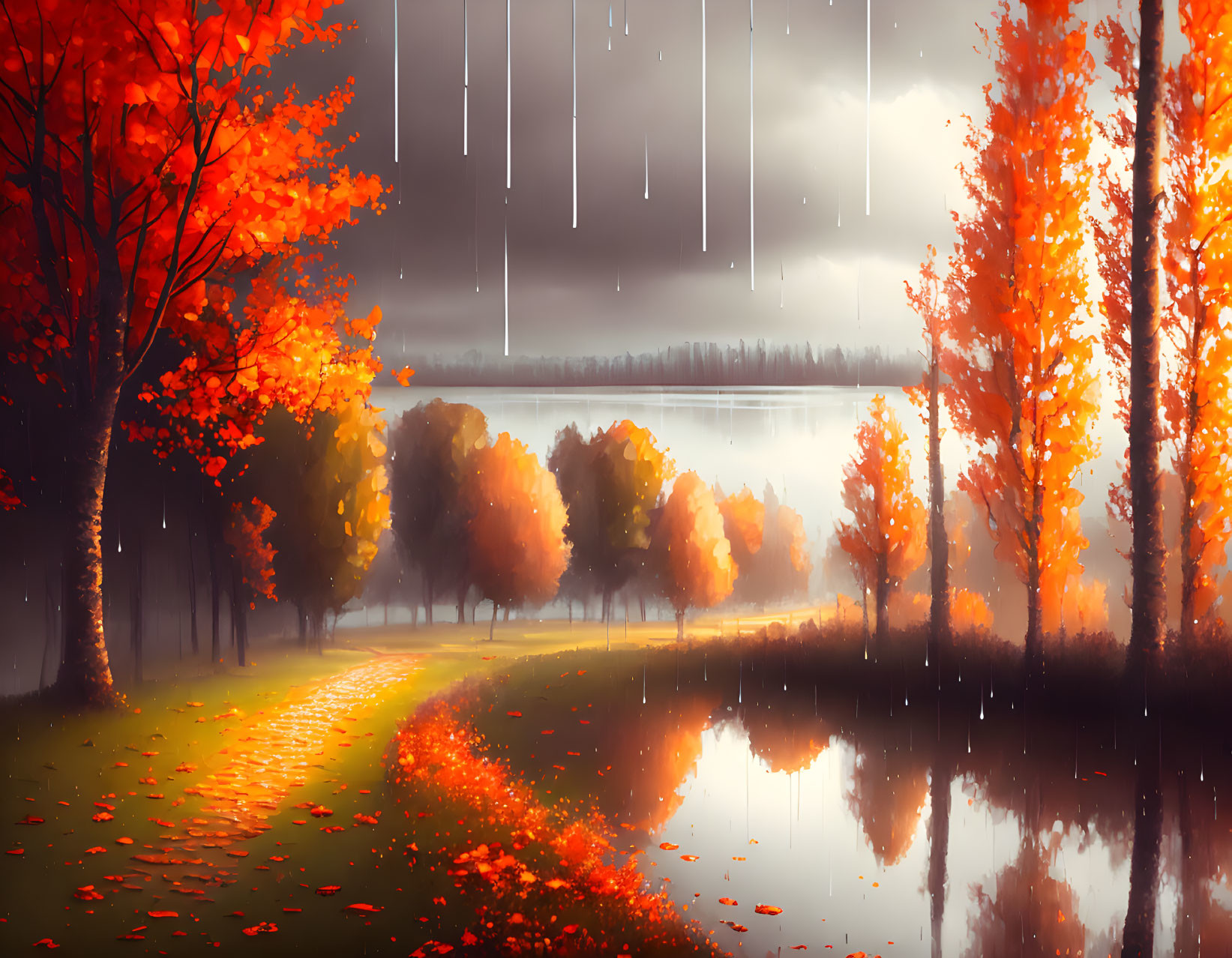 Tranquil autumn landscape with orange trees, lake, rain, and mist