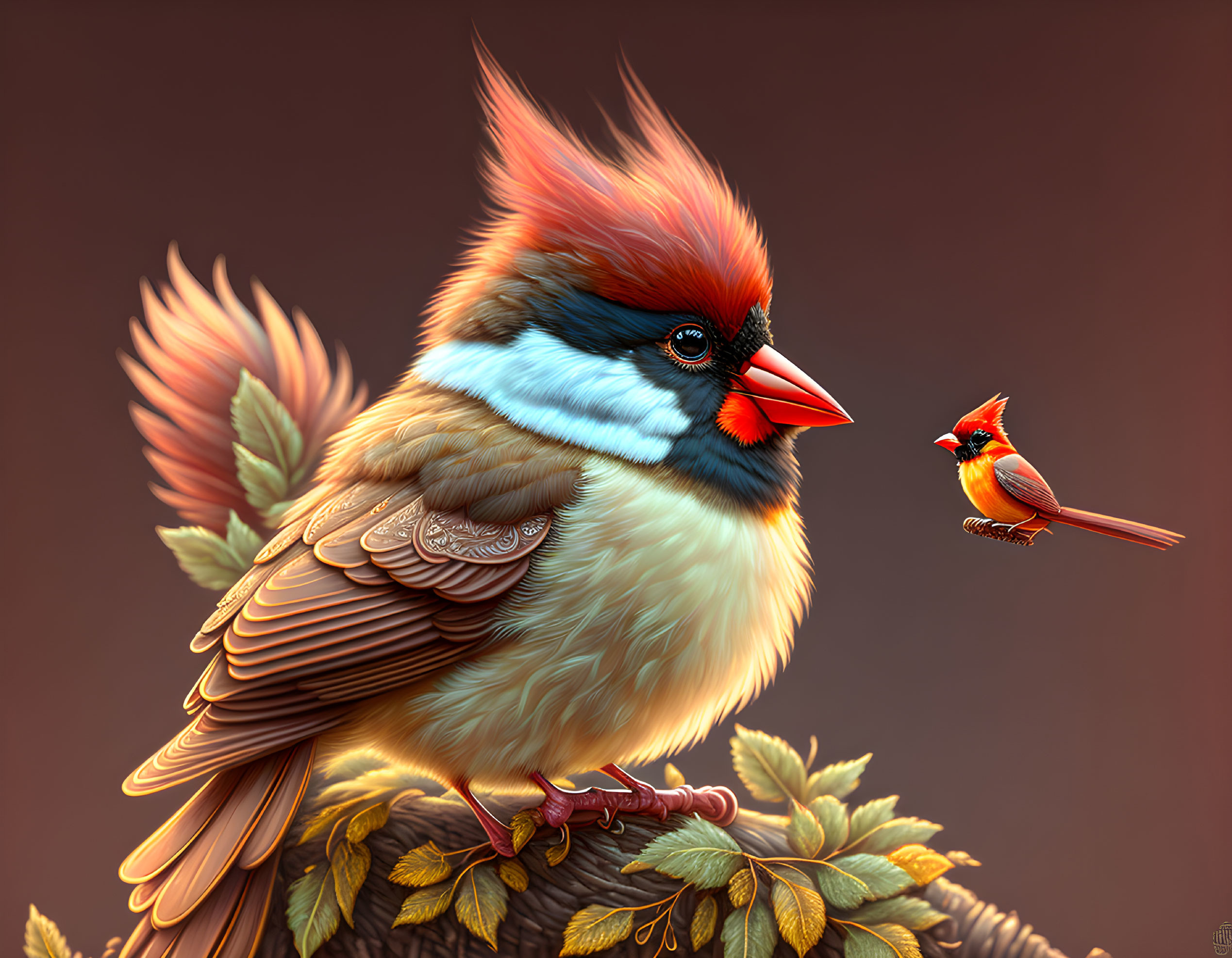 Vibrant digital artwork of fantastical bird on branch