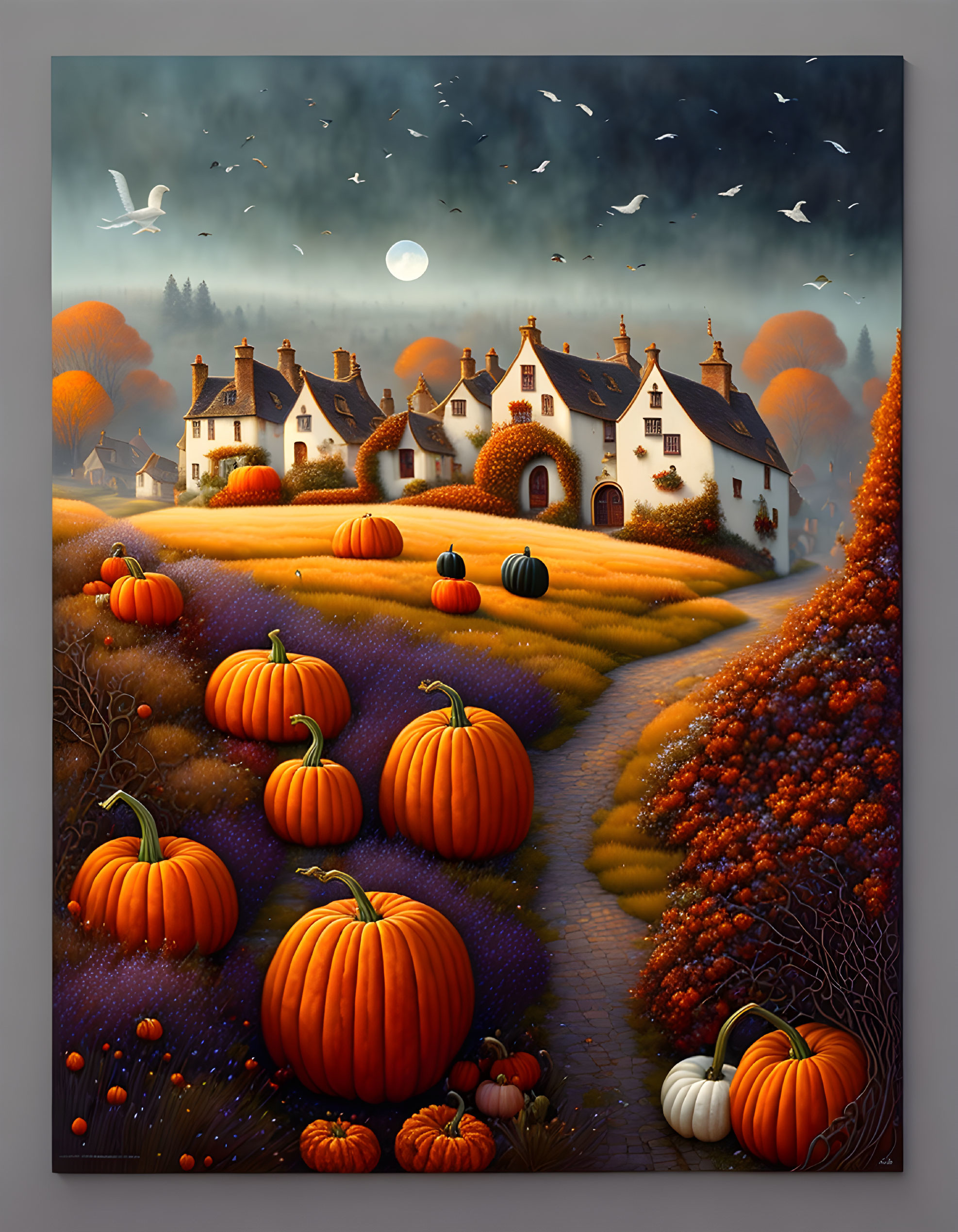 Scenic Autumn Village with Pumpkins, Cozy Houses & Twilight Sky