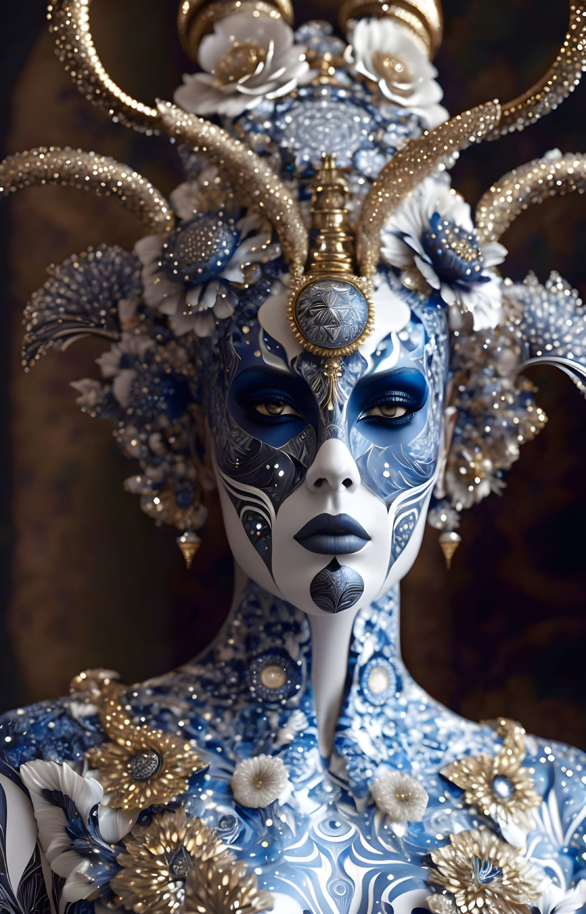 Elaborate Blue and White Body Paint with Gold Accents