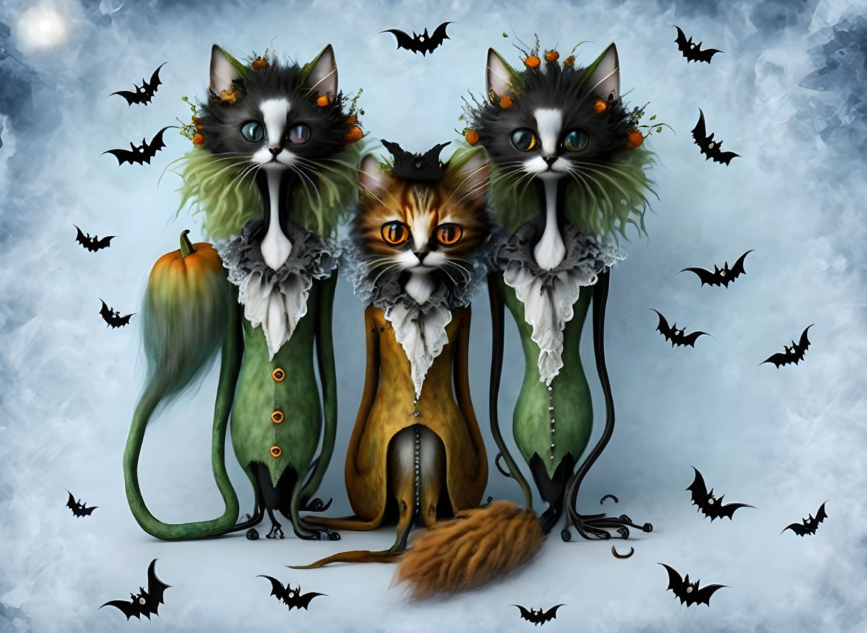 Whimsical Halloween cats in costumes with bats on blue background