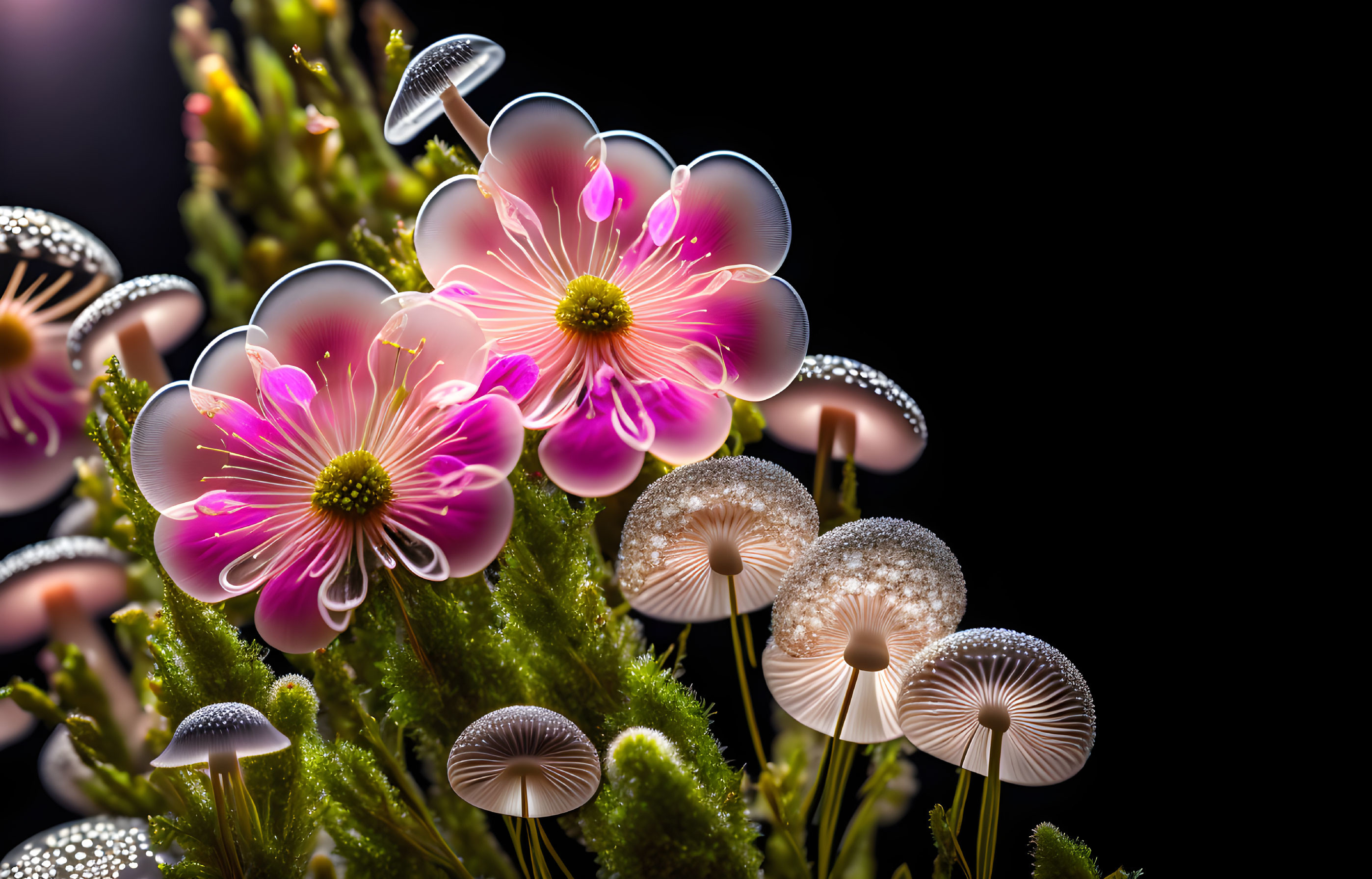 Vibrant close-up: pink petals and glowing mushroom gills on dark background