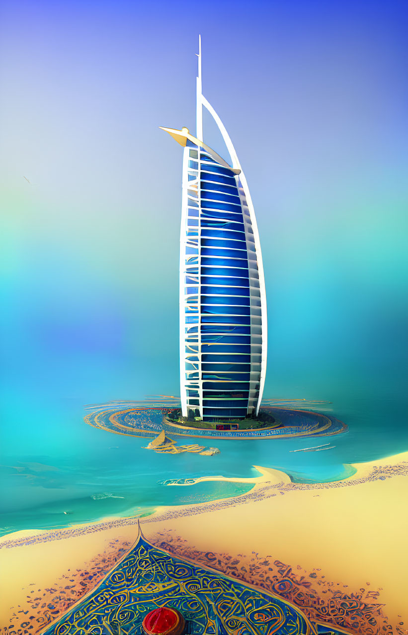 Vibrant digital artwork of Burj Al Arab in Dubai with desert and sea motifs