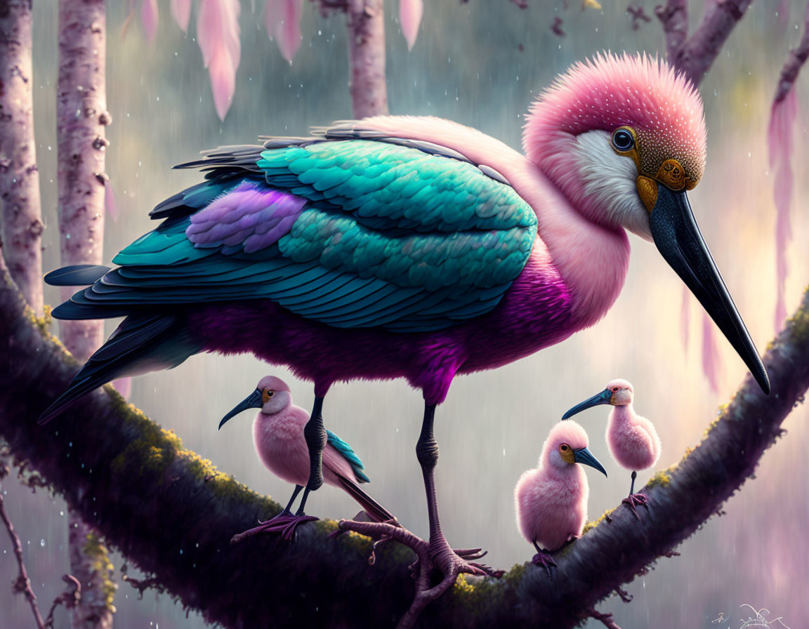 Stylized large pink and turquoise bird with smaller birds in mystical forest.